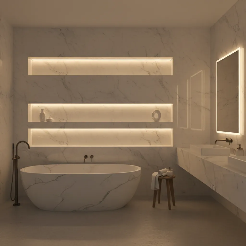 Luxury bathroom shadow box niche with warm LED lighting and decor