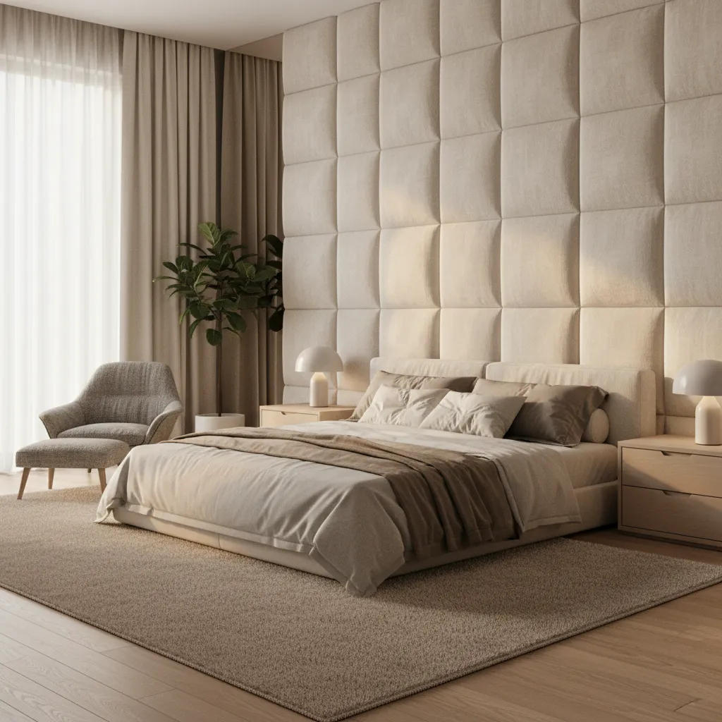 Luxury bedroom with upholstered wall panels and soft textures