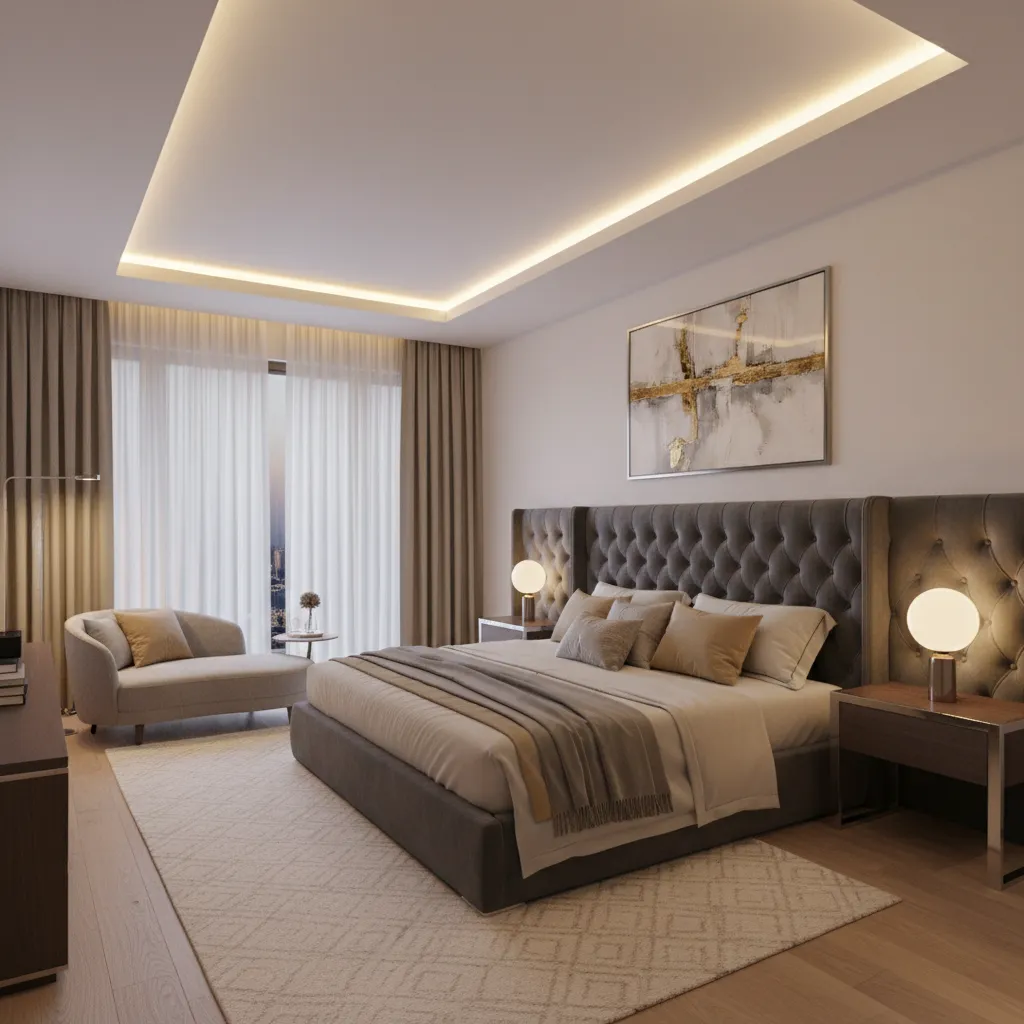 luxury bedroom with ceiling cove lighting and soft indirect illumination