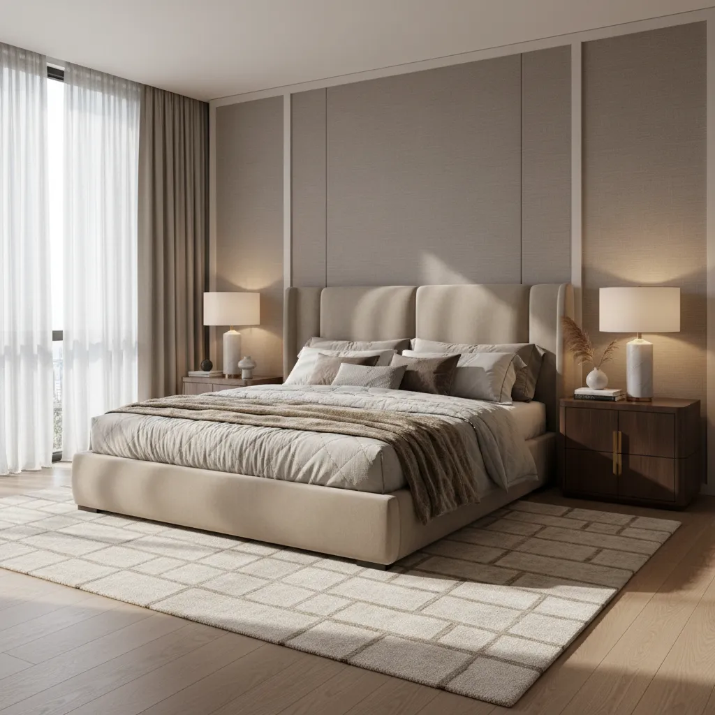 High end bedroom with upholstered bed layered textures and elegant lighting