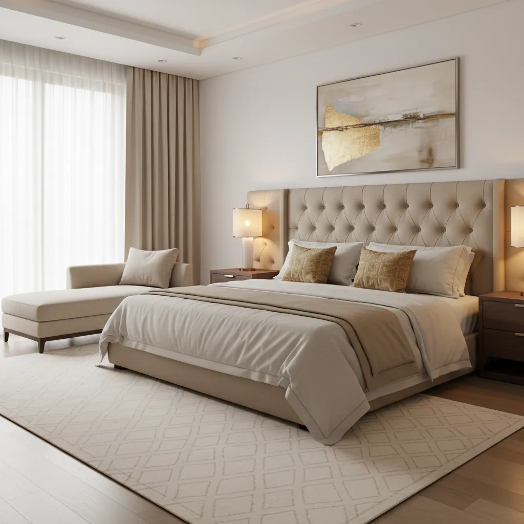Luxury bedroom styled with textured gold accent pillows on neutral bedding