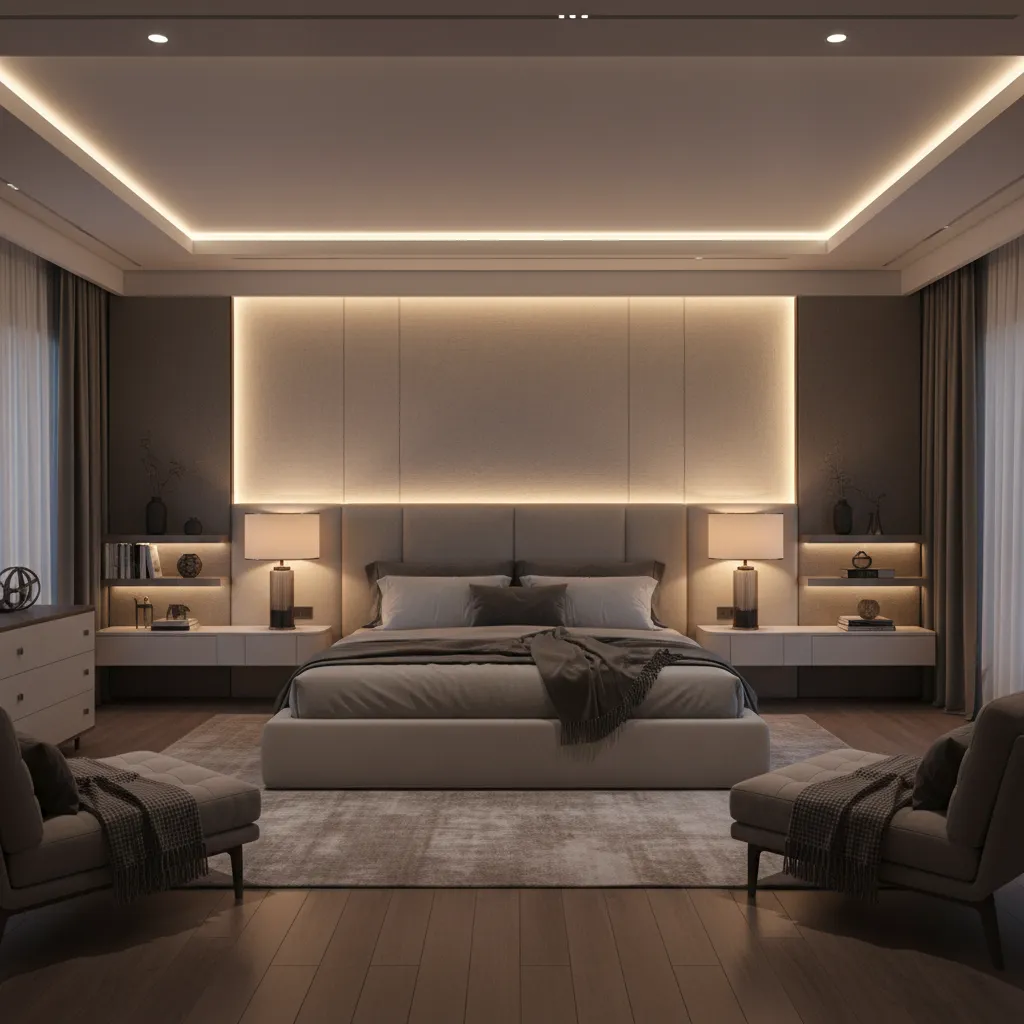 Luxury bedroom with layered lighting including bedside lamps and ceiling lights