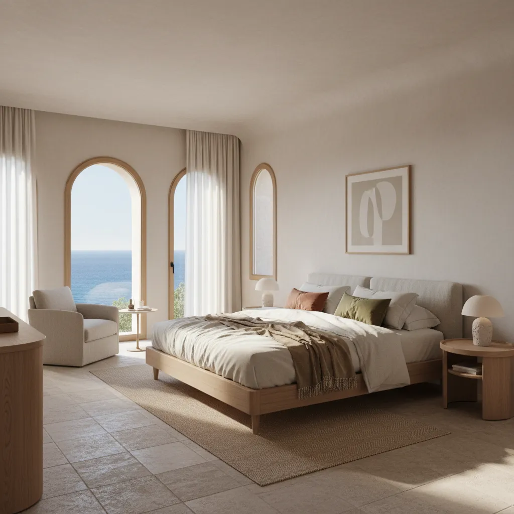 Luxury bedroom with arched windows showing sea view beige bed white armchair and light fixture