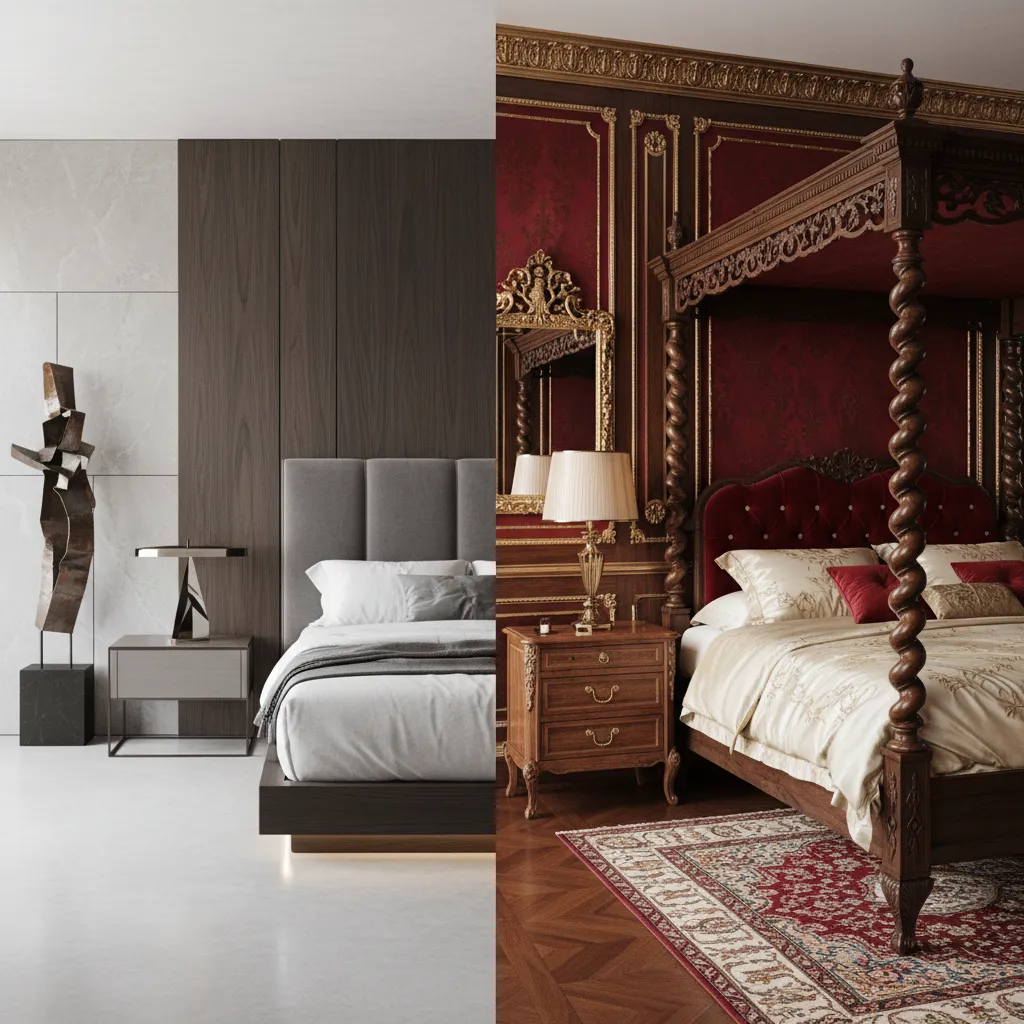 Comparison of modern and classic luxury bedroom materials and furniture styles