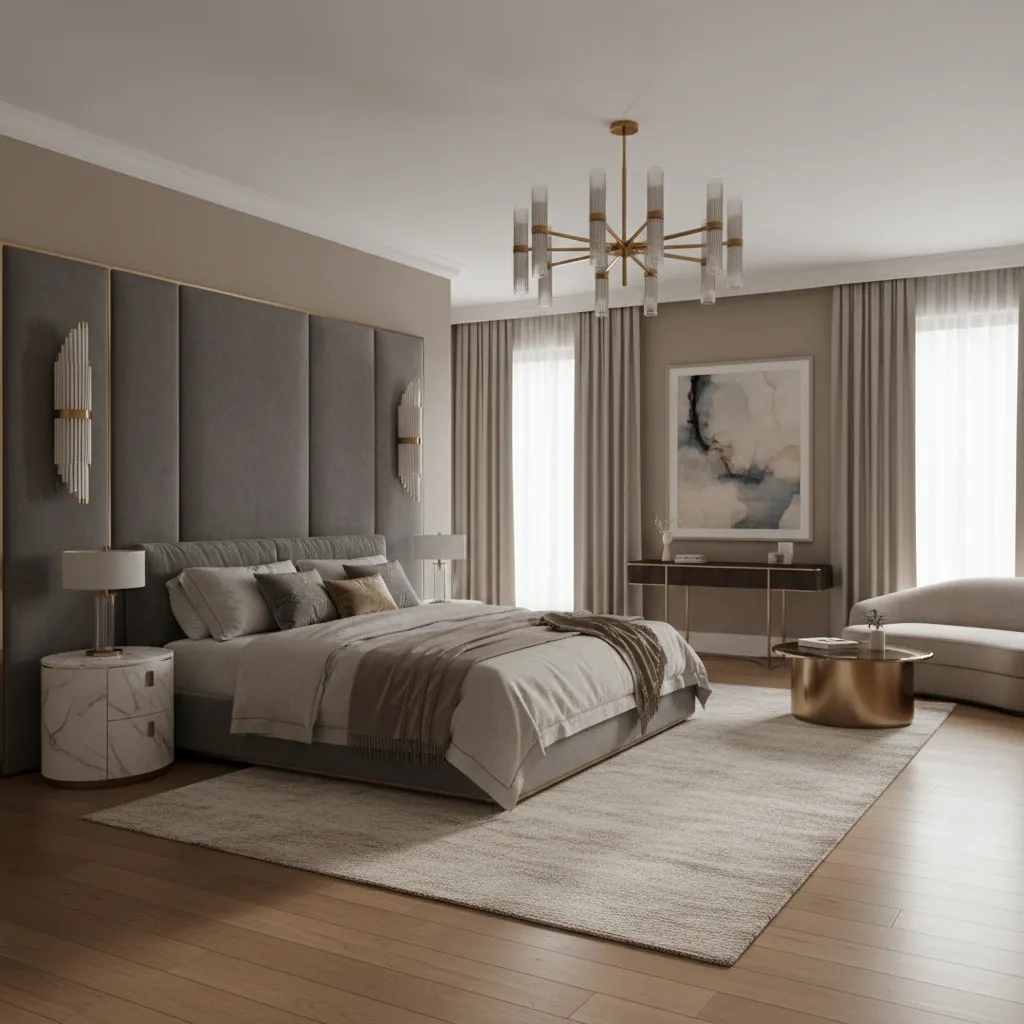 Luxury bedroom interior with coordinated wood velvet and brass materials