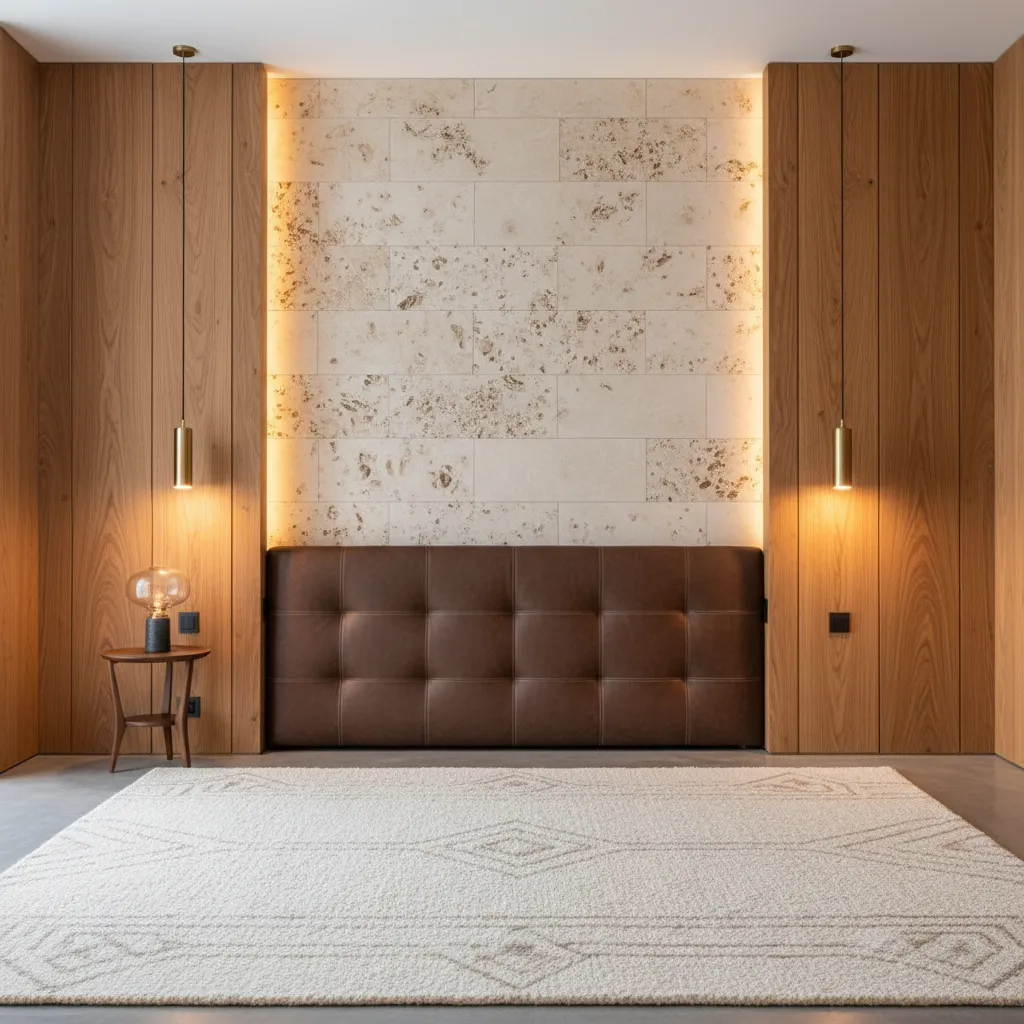 Luxury bedroom wall with wood panels, stone accent wall, and textured fabrics