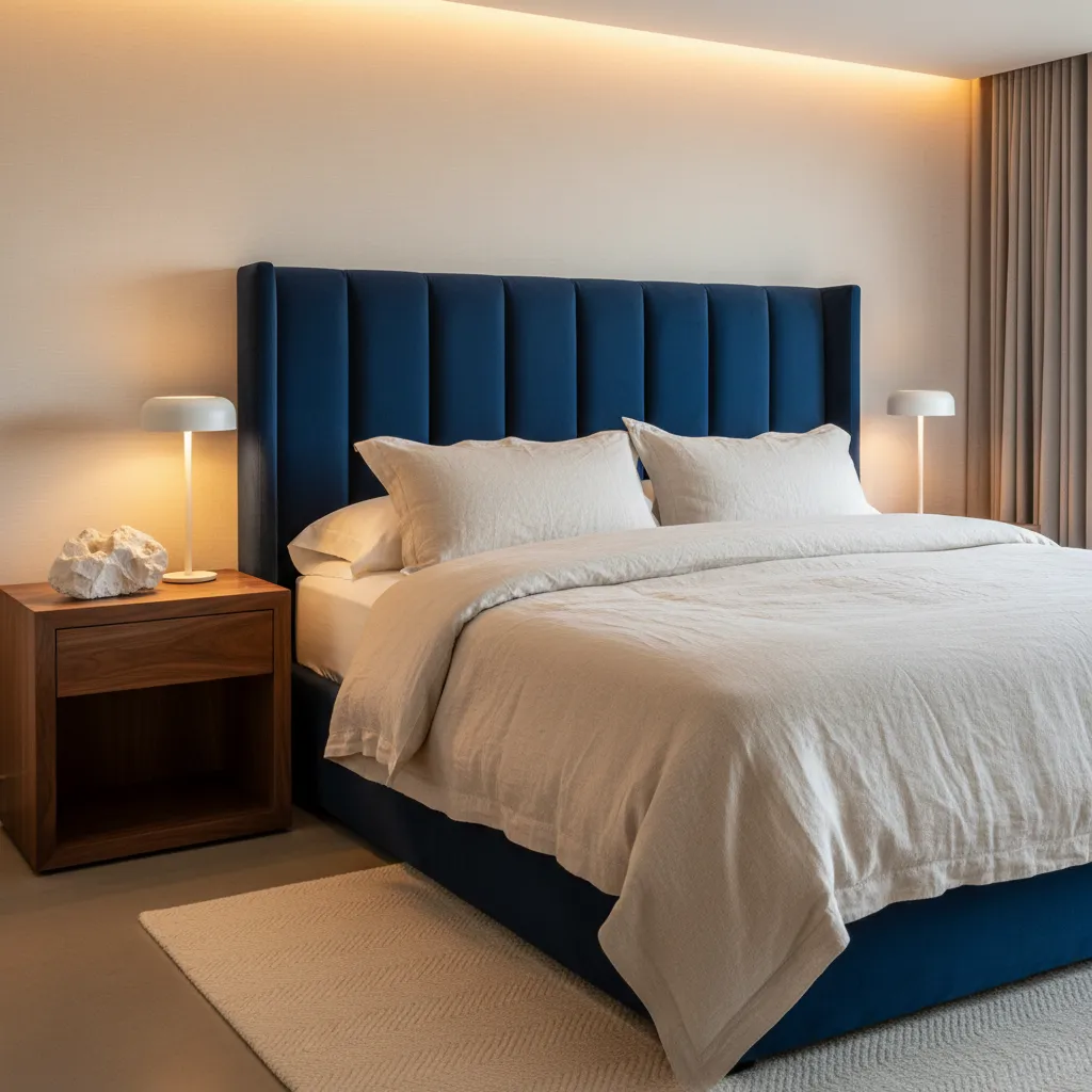 Close interior view highlighting luxury bedroom textures velvet linen wood and stone
