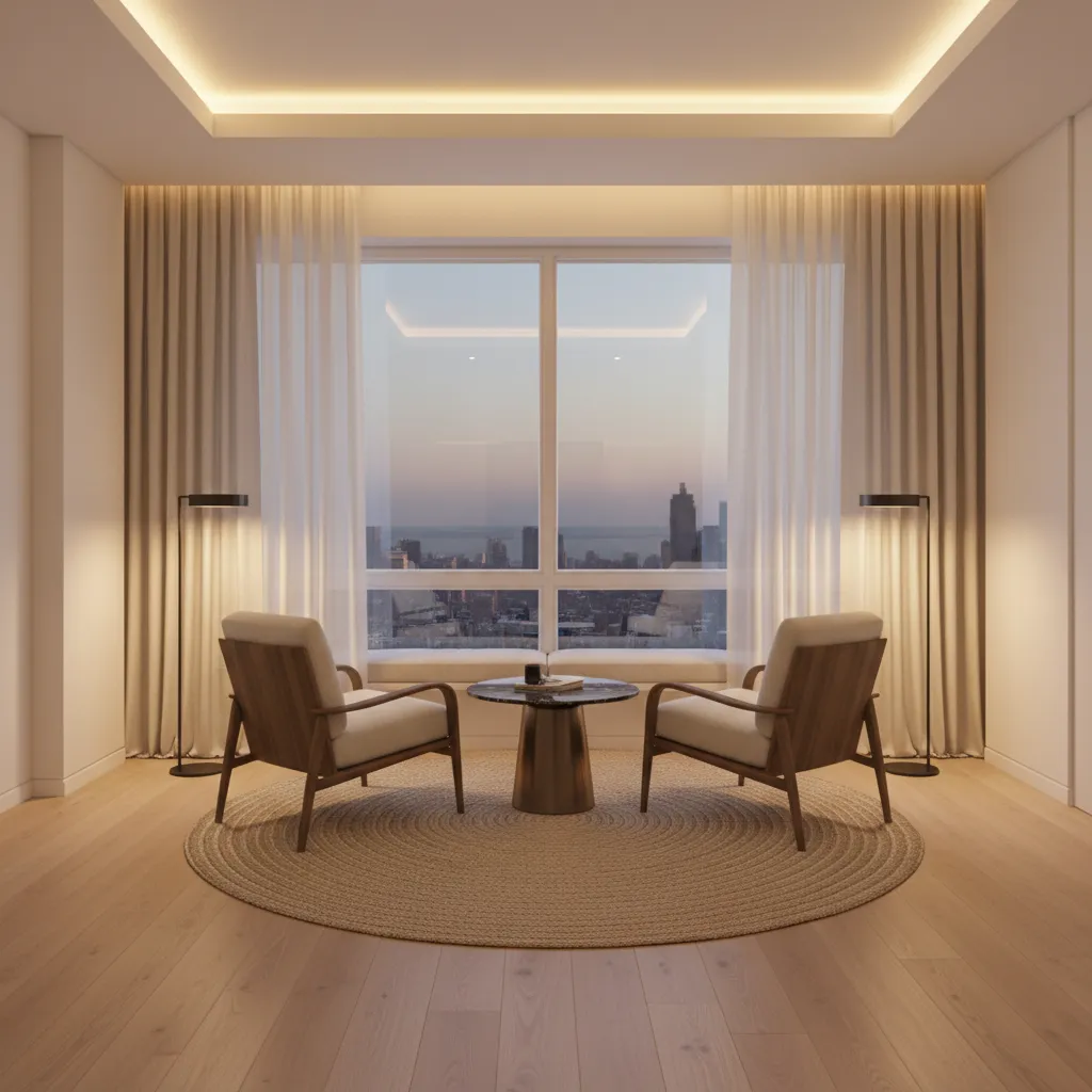 master bedroom window seating area with lounge chairs and rug