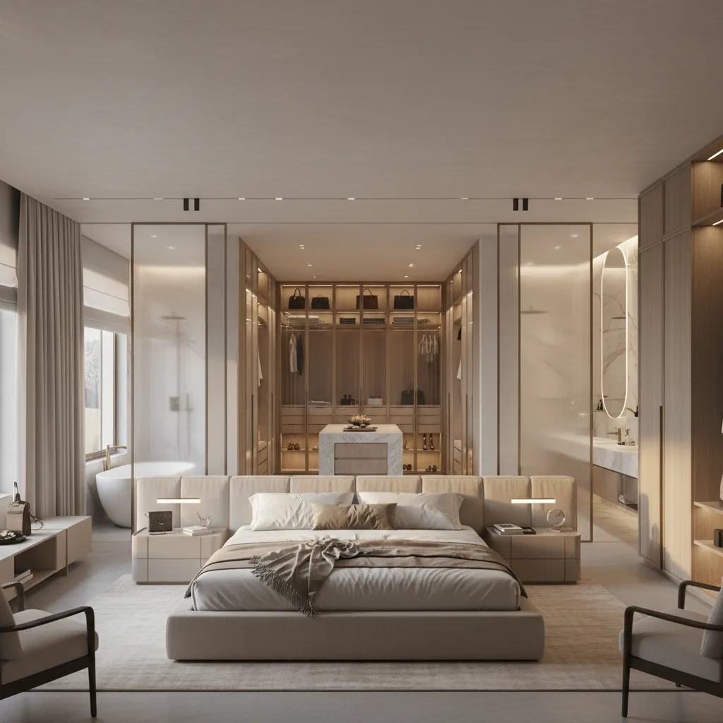 modern bedroom suite connected to dressing room and bathroom