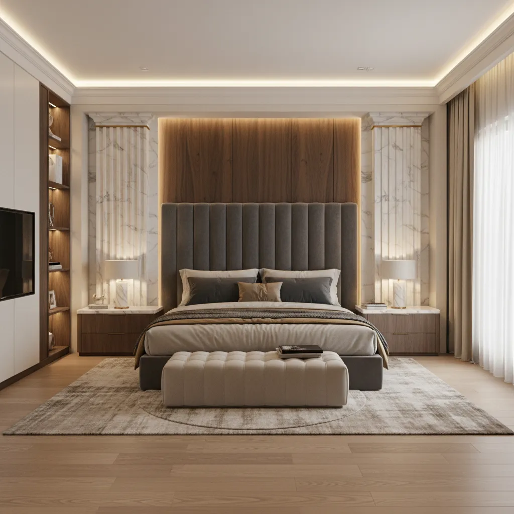 Luxury bedroom with tall grey headboard, wood wall panel, marble pillars, footrest, and warm lights