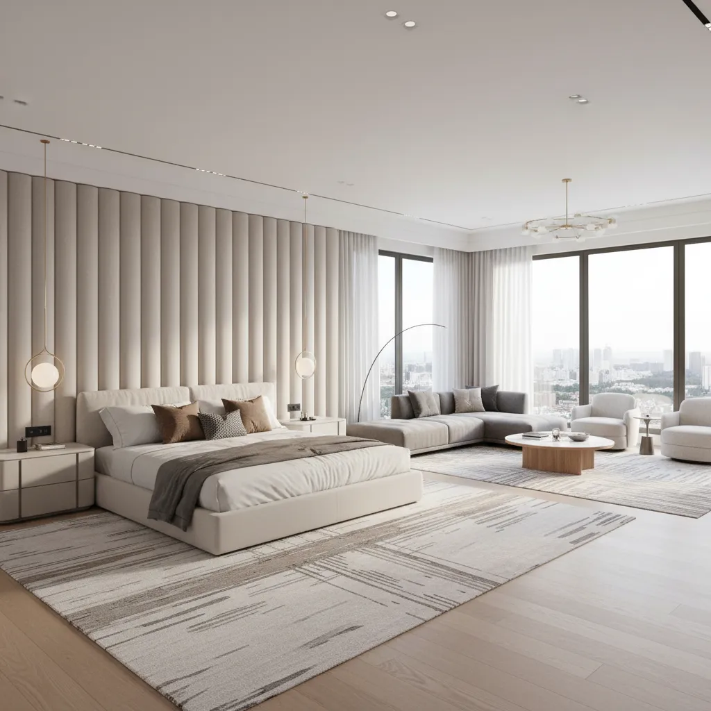 Luxury bedroom layout with bed zone and seating zone