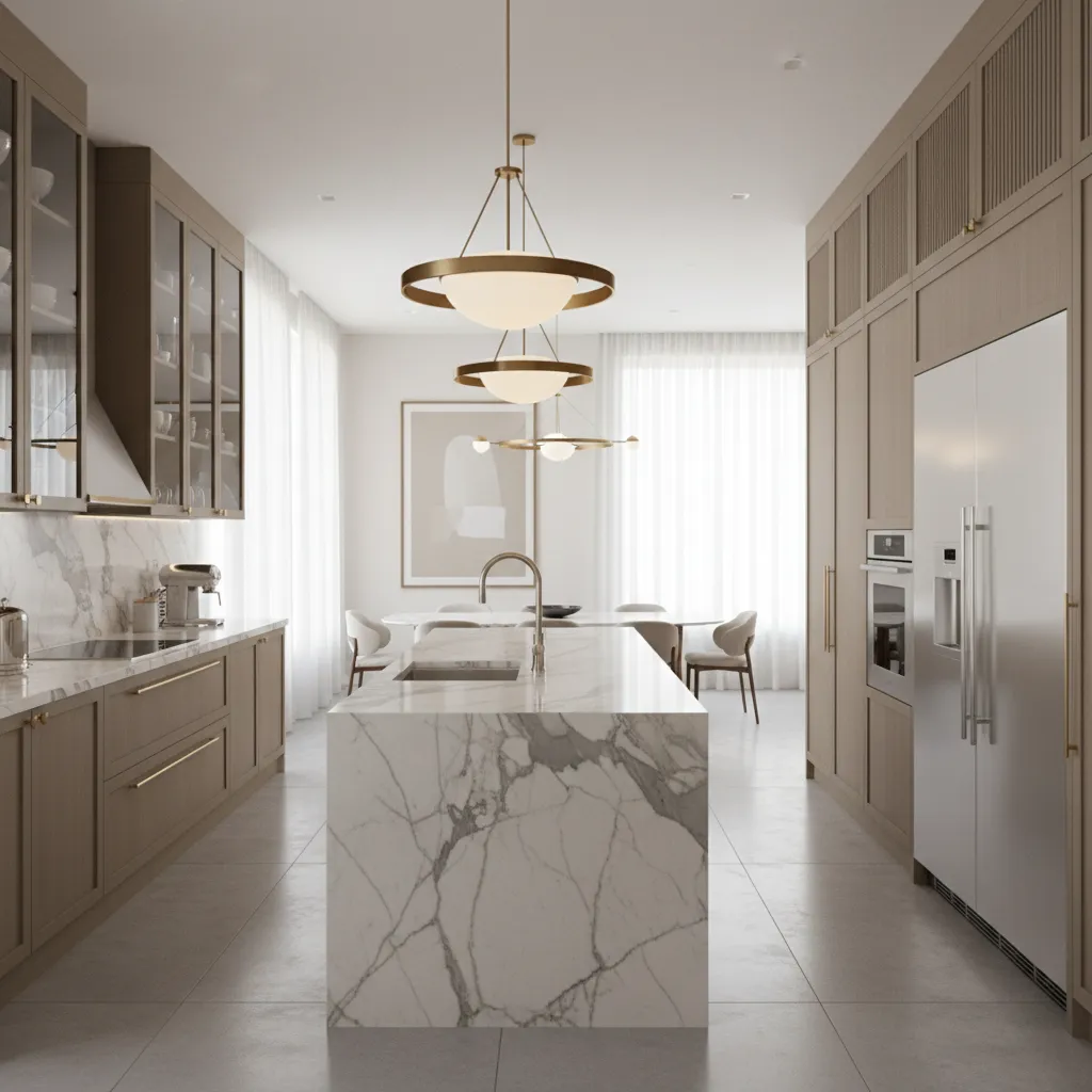 Spacious kitchen with white stone island wood cabinets tall fridge and round gold ceiling lights