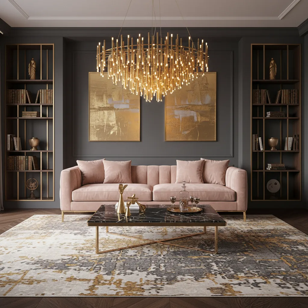 luxury living room with blush pink velvet sofa black marble table and gold accents