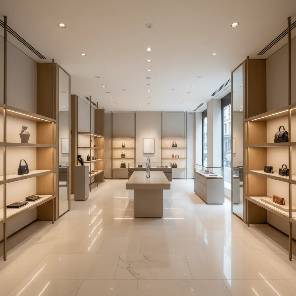 Distribución espaciosa en una boutique de lujo con pocos productos expuestos