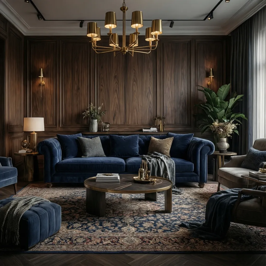 luxury living room with navy velvet sofa and dark walnut panels