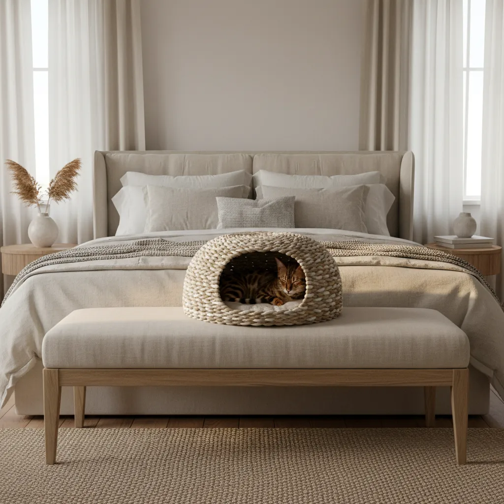 luxury woven cat bed on bedroom bench with bengal cat resting