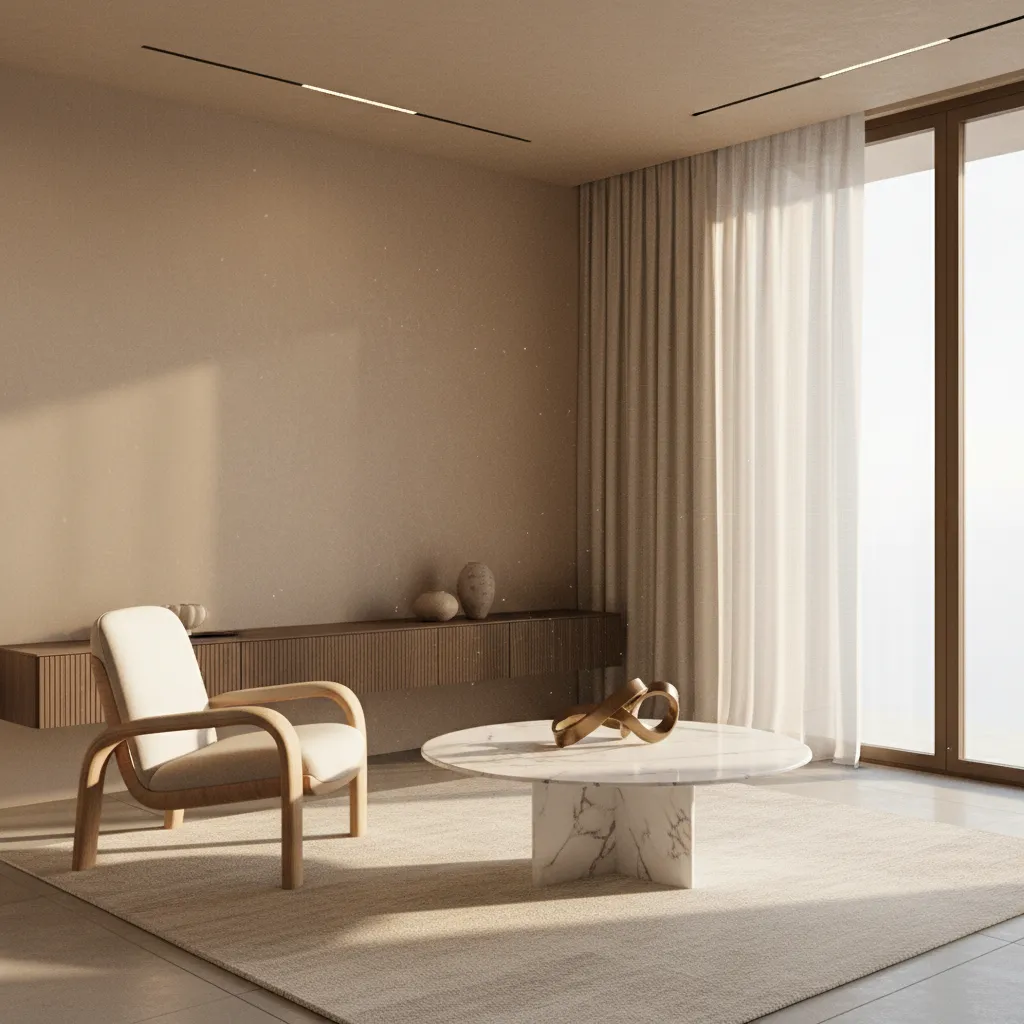 Round marble coffee table with accent chair in small luxury living room