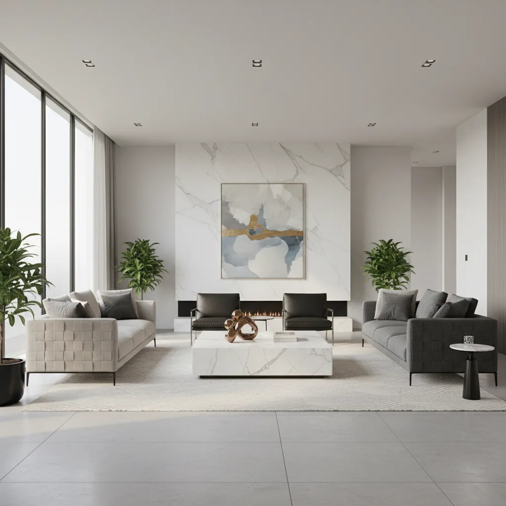 luxury coffee table styling showing negative space around sculpture decor