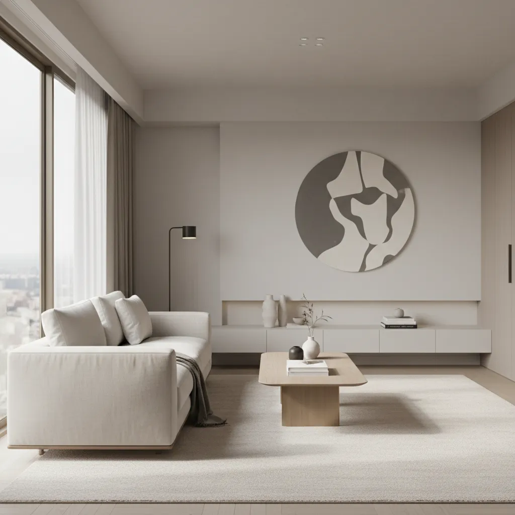 Compact luxury living room layout with clean furniture arrangement