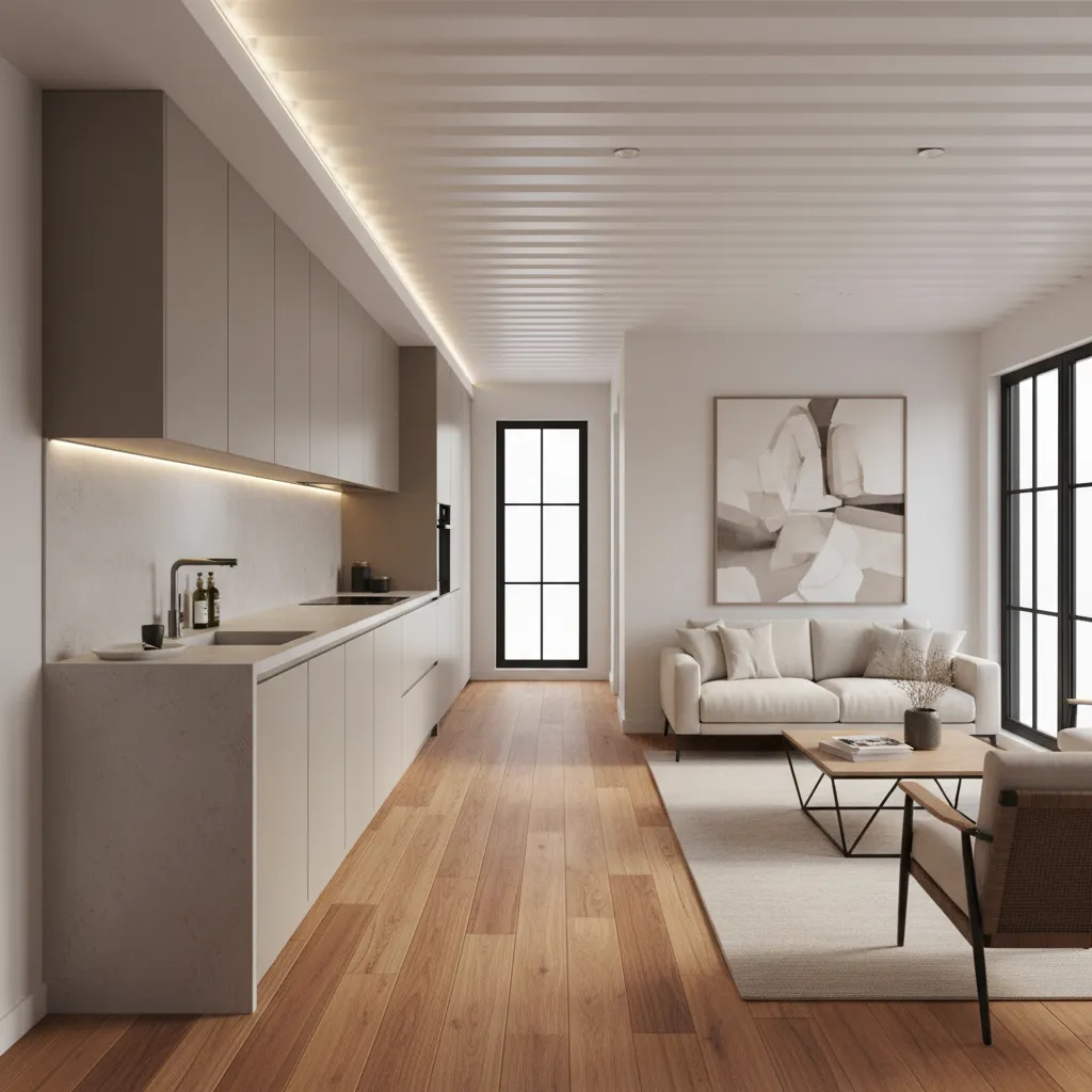 Luxury container home interior with wood floors and modern kitchen