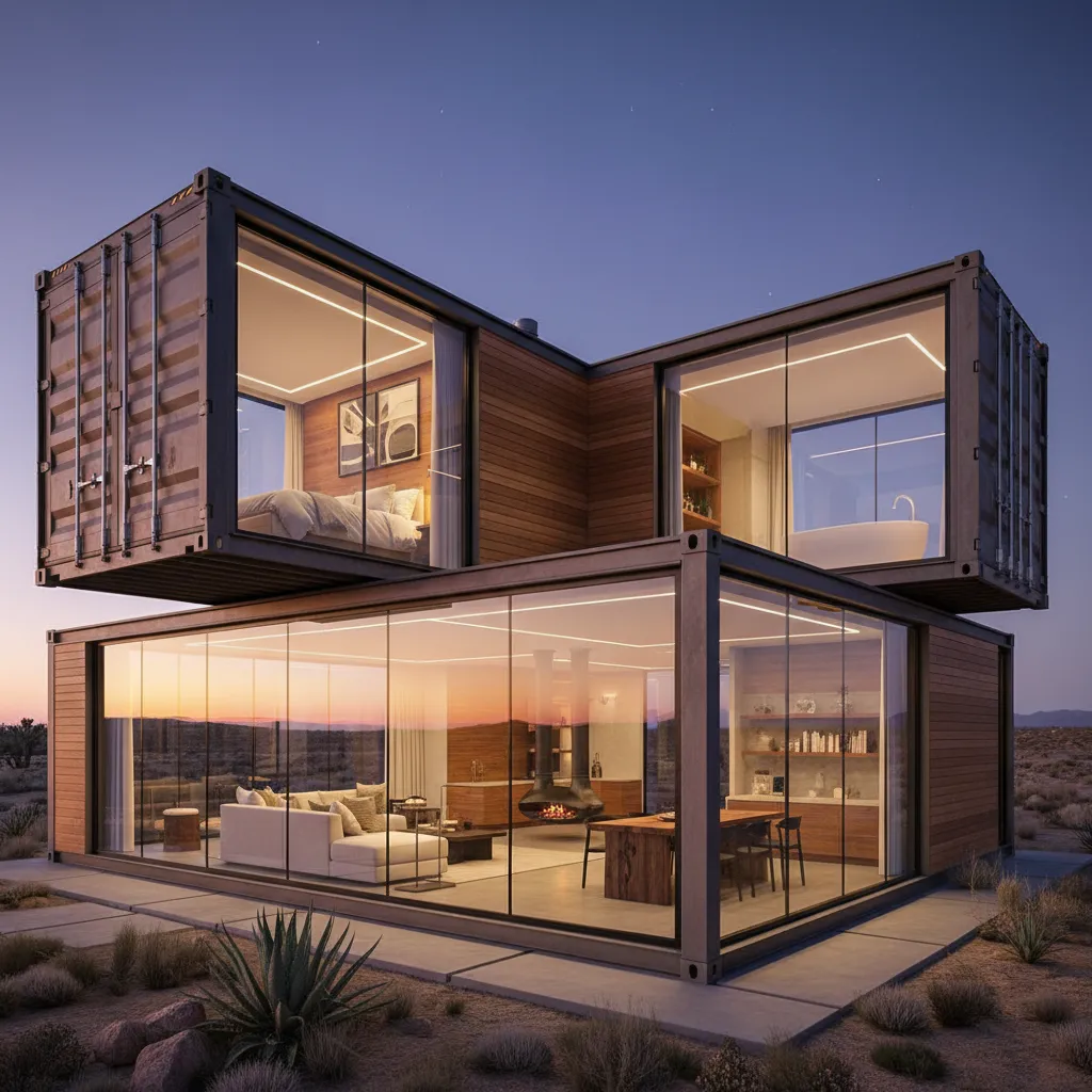 Large shipping container home at night with glass windows showing a living room and bedroom