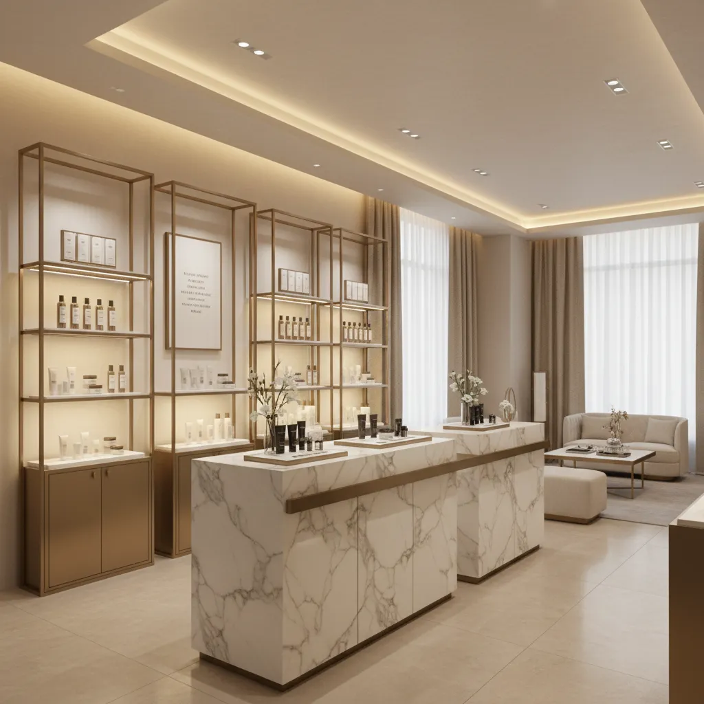 Luxury cosmetic boutique interior with marble counters and illuminated product shelves