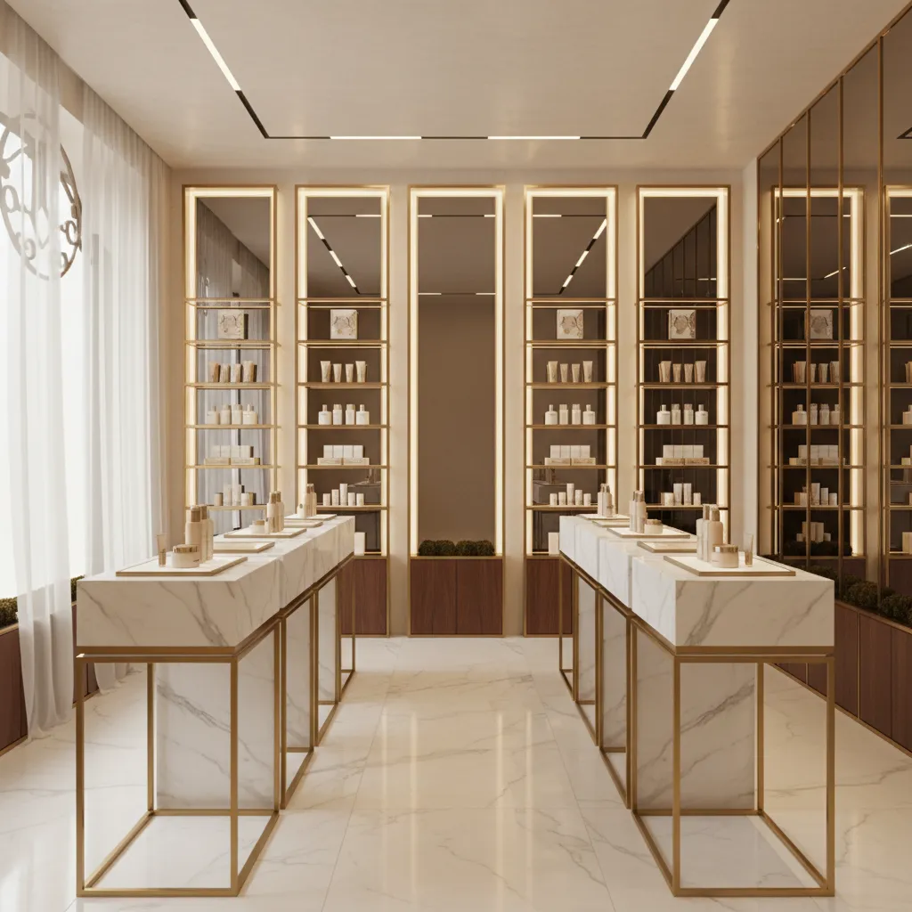 luxury cosmetic retail display with marble counter gold metal frames and illuminated shelving