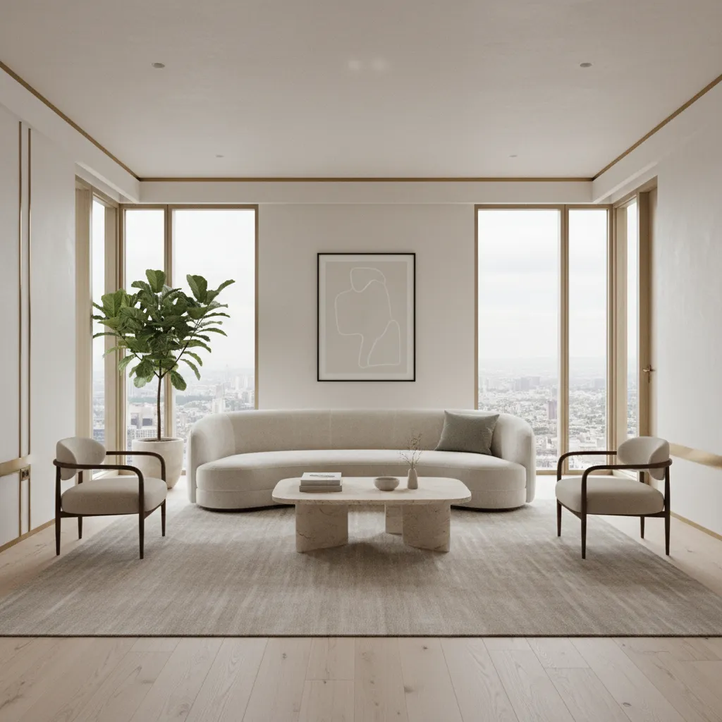 Modern living room featuring a curved luxury sofa and minimalist decor