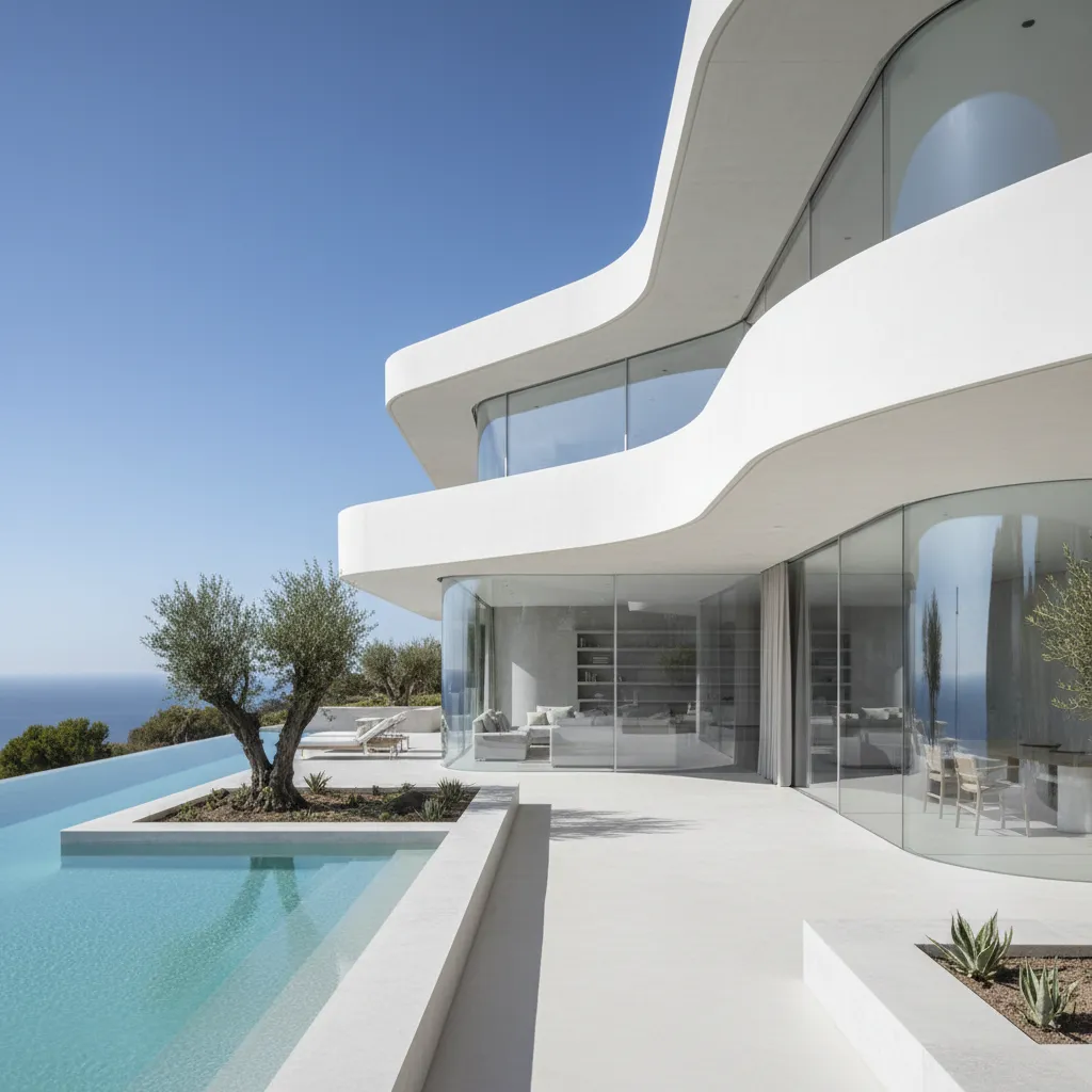 Casa moderna con líneas curvas y fachada blanca