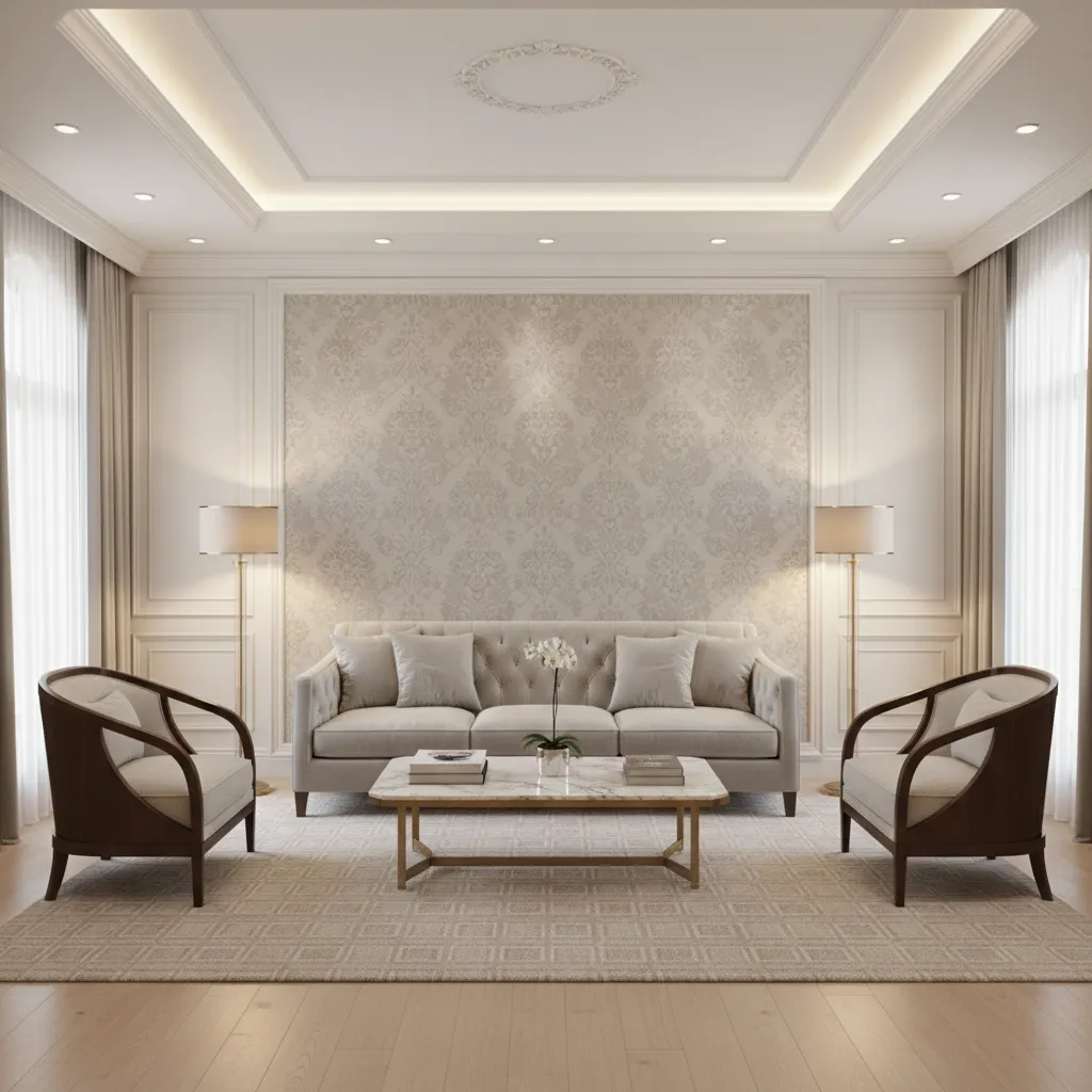 Luxury living room layout with symmetrical furniture facing a damask wallpaper wall