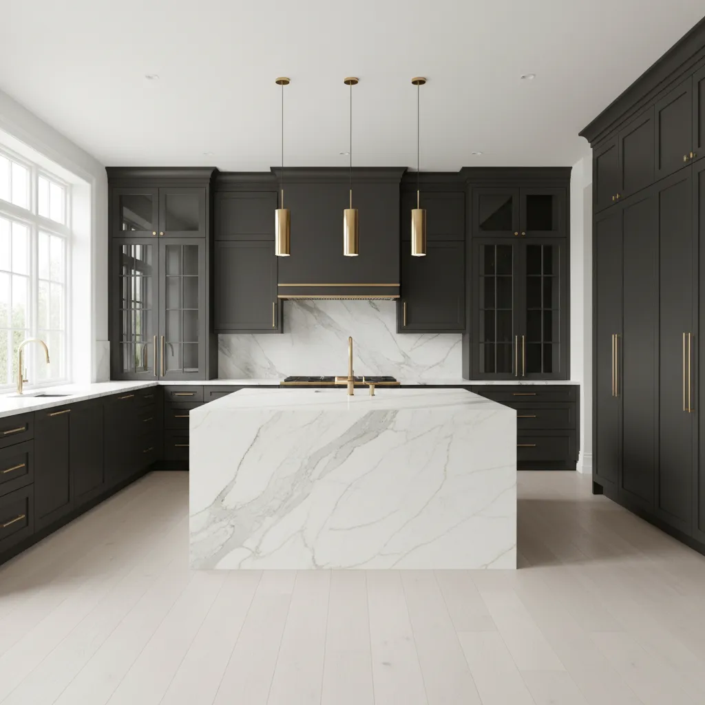 Open concept kitchen with dark cabinets and large island layout