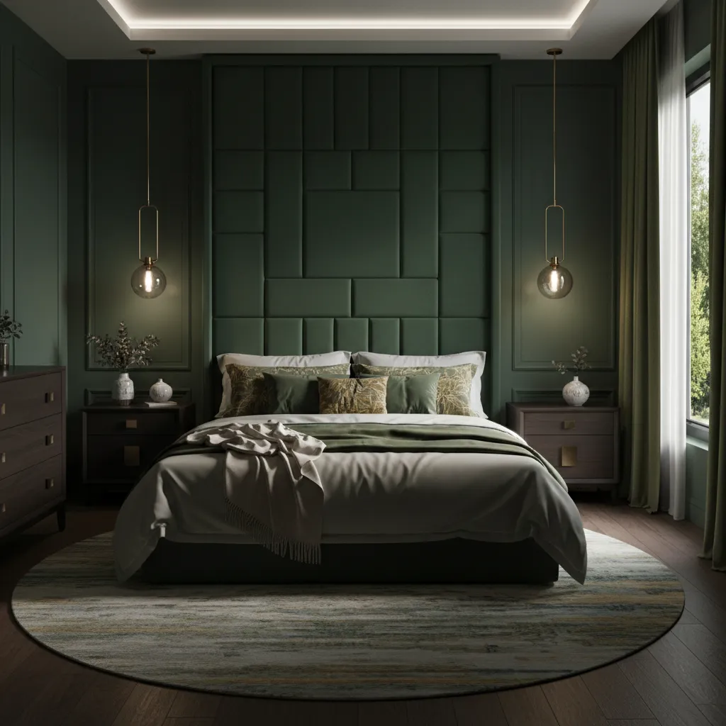 Luxury bedroom with deep forest green walls velvet headboard and elegant lighting