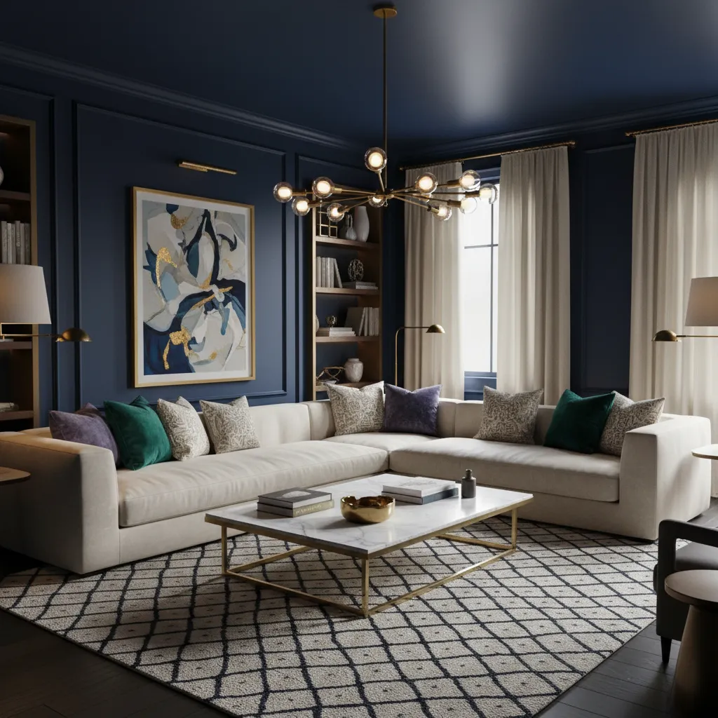 luxury living room with navy walls cream sofa and brass accents