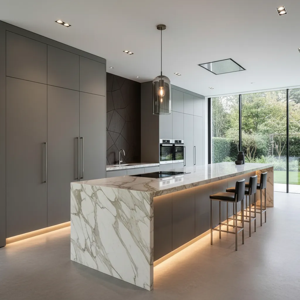 Modern kitchen with grey cabinets marble island table bar stools ceiling light and big windows
