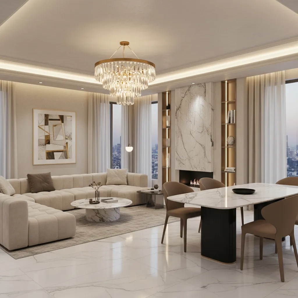Luxury interior lighting and decor styling in modern apartment