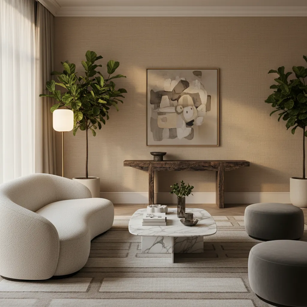 Salón contemporáneo con muebles de diseño y materiales premium