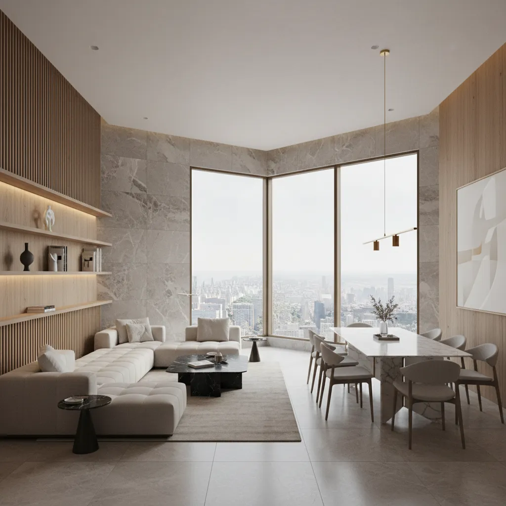 Modern living room with white sofa marble dining table wood wall panels and city windows