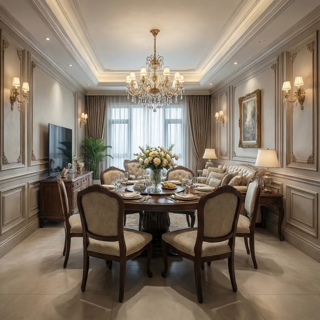 Luxury dining room with crown molding and wall paneling