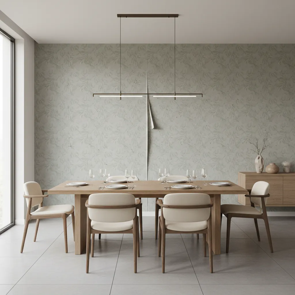 Dining room wallpaper with visible bubbles and slight peeling near corner