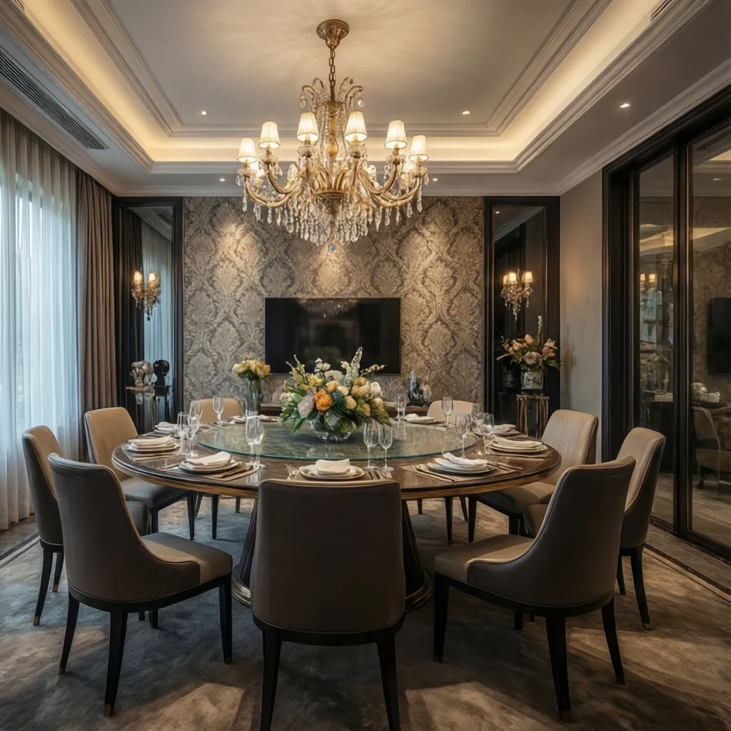 Luxury dining room featuring round table, grey chairs, patterned wallpaper, and large golden ceiling light