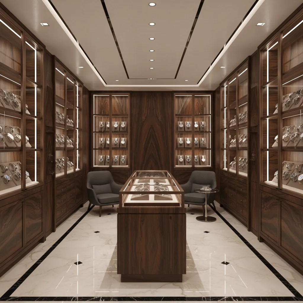 luxury vault room with illuminated watch displays and glass cabinets