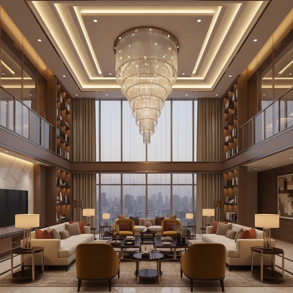 luxury double height living room with chandelier and layered lighting