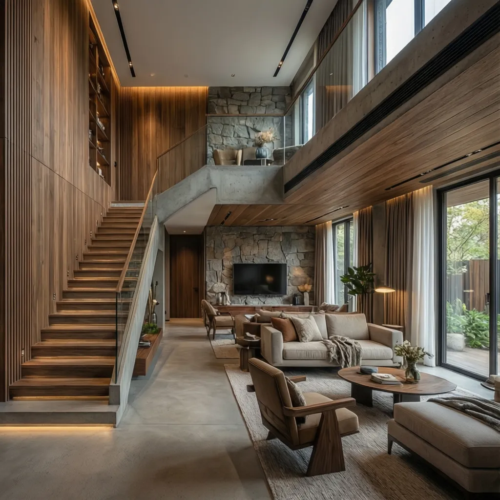 Luxury living room with stone wall wooden wall panels stairs grey sofa and round table