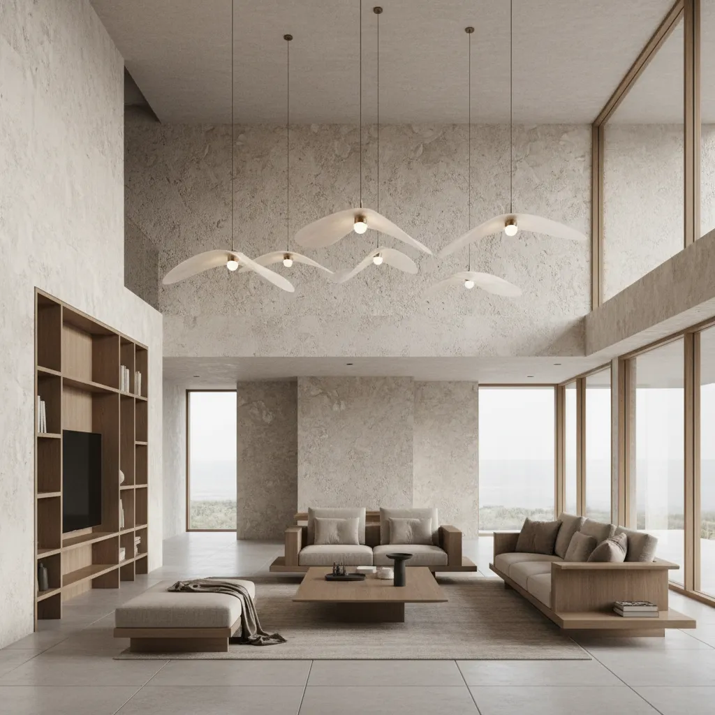 Luxury Dutch minimalist interior with stone walls and architectural furniture