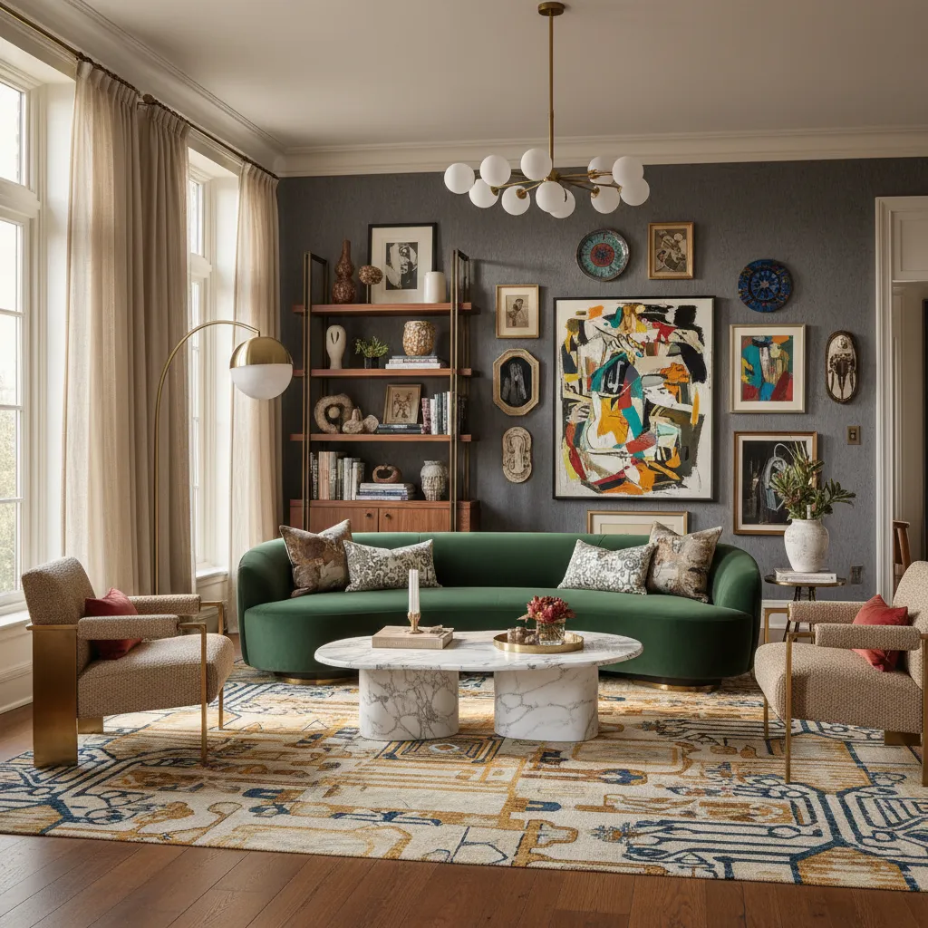 Sala de estar con estilo ecléctico inspirado en diseñadores contemporáneos