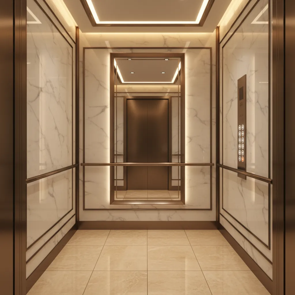 luxury elevator interior with marble panels and bronze metal finish
