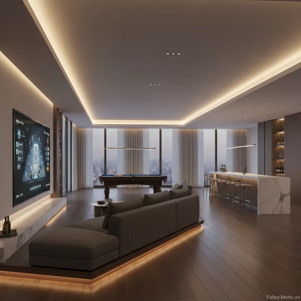 Open concept luxury entertainment room with gaming area lounge seating and bar