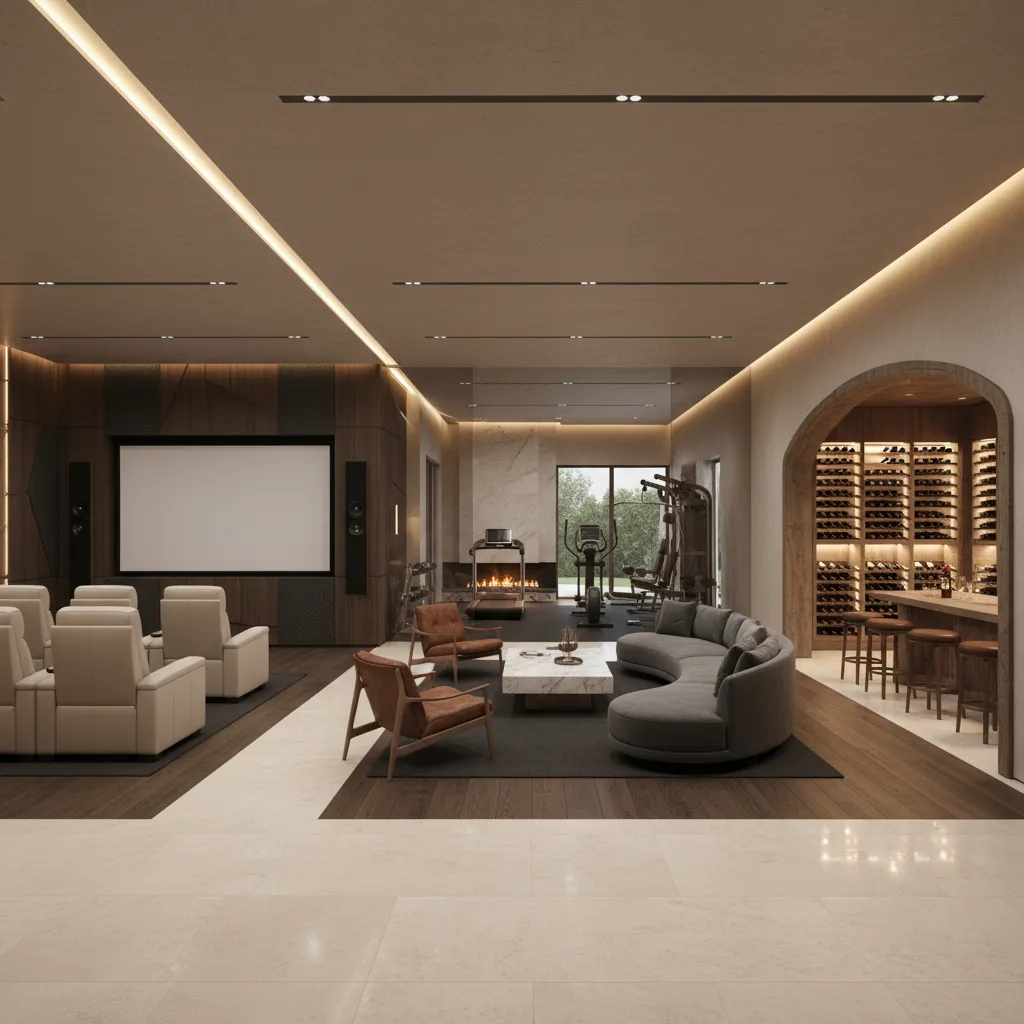 Luxury mansion amenities such as gym theater and lounge organized within layout