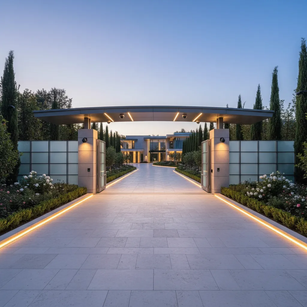 Security gate and camera system at luxury mansion entrance