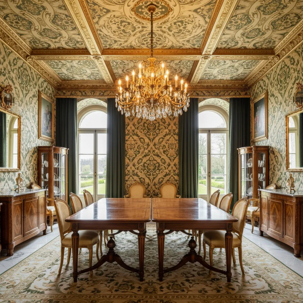 European luxury wallpaper design with classic decorative pattern in dining room